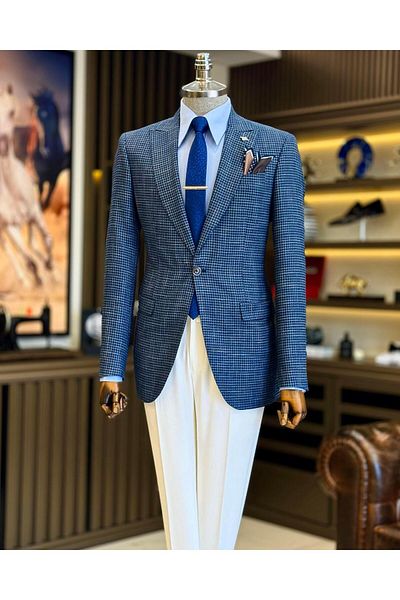 TerziAdemAltun Jachetă pentru bărbați în stil italian slim fit cu model de picioare de gâscă bleumarin T12541
