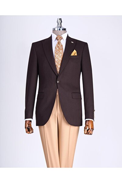 TerziAdemAltun Ανδρικό παλτό ιταλικού στυλ slim fit με μυτερό γιακά καφέ T13237