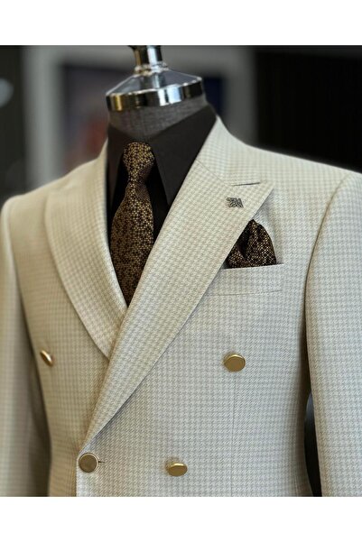 TerziAdemAltun Italian Style Slim Fit Houndstooth Pattern Double Breasted Men's Jacket Beige T12551