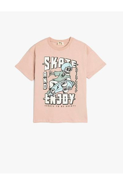 Koton Skateboard Printed Crew Neck Short Sleeve Pink Boy's T-Shirt 5Skb10044Tk