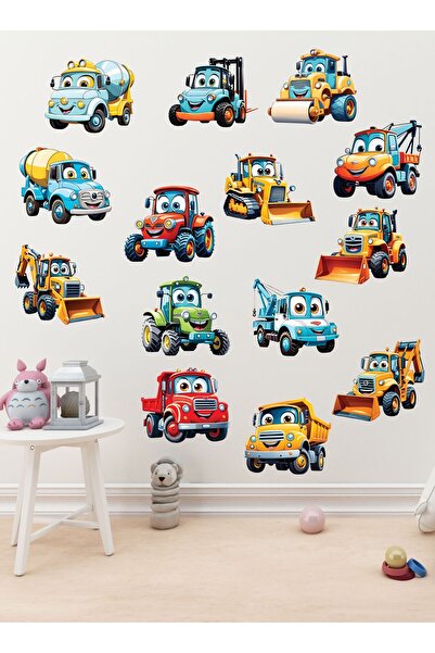 Sticksy Sevimli Araçlar, İş Makinaları, Kamyon, Dozer Çocuk Odası Duvar Stick...