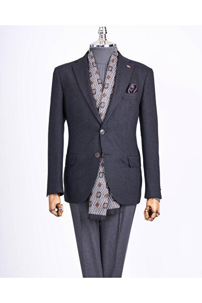 TerziAdemAltun Jachetă unică pentru bărbați, slim fit, în stil italian, cu guler mono, negru T13485