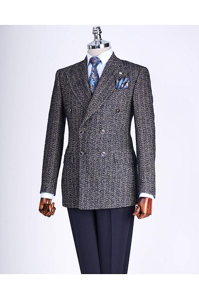 TerziAdemAltun Italian Style Slim Fit Houndstooth Double Breasted Single Jacket Men's Navy Blue T13482