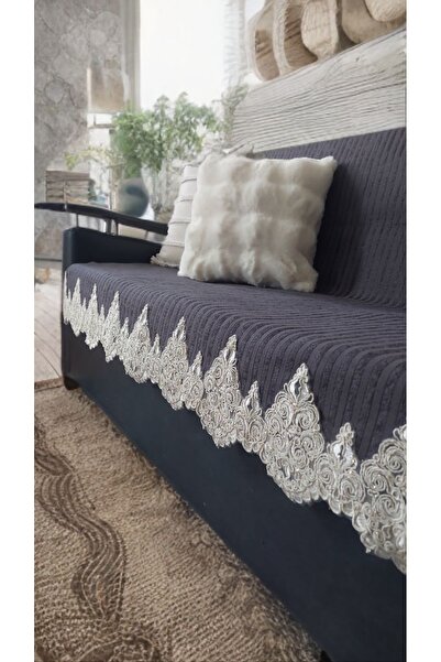 baladı home ev tekstil home collection Dantelli Çekyat Koltuk Örtüsü Lüks Mode Süngerli Kaymaz Taban Kadife Çizgili Koyu Gri