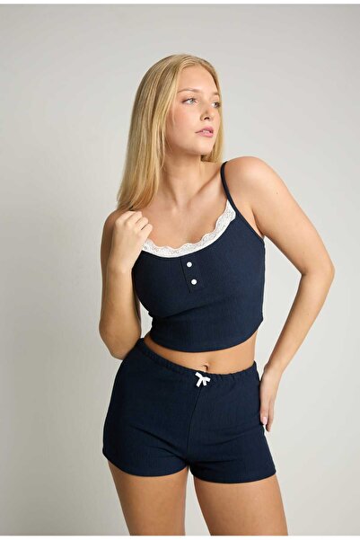 MY Wooft Σετ σορτς με μπλε ναυτικό λευκό γιακά με κορδέλα και πιτζάμες για το σπίτι