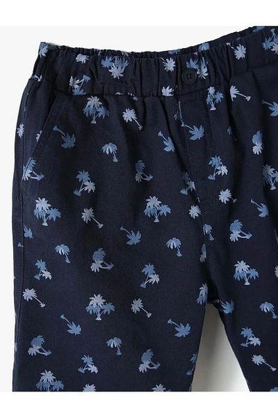 Koton Boy's Chino Cotton Shorts - Palm Print, Pocket, Navy Blue Print