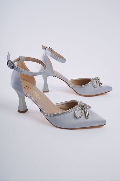 ELMANDO Women's Jewelled Bow Heeled Shoes Silver Satin
