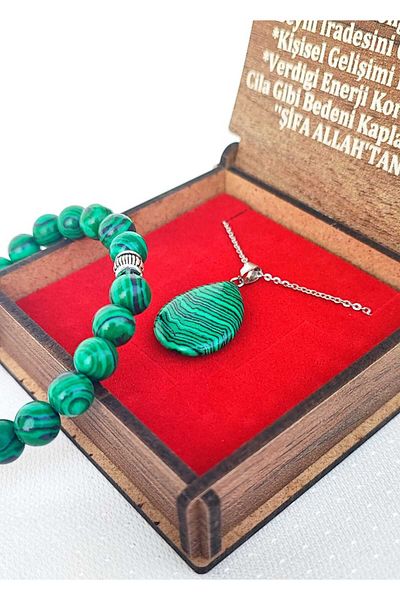 BaharEli Natural Malachite Stone Necklace and Bracelet Set in Special Box