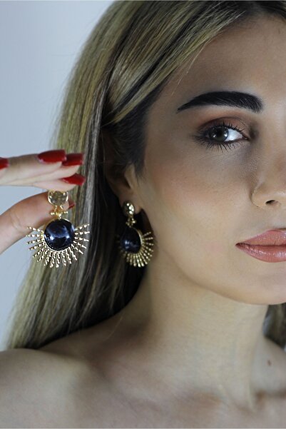 homet Pirinç Üzeri Altın Kaplama Siyah Taşlı Güneş Model Sallantılı Küpe - Çi...