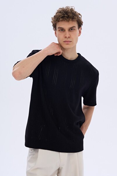 İLKCET MODA Ανδρικό πλεκτό μπλουζάκι με λεπτομέρεια με τρύπα