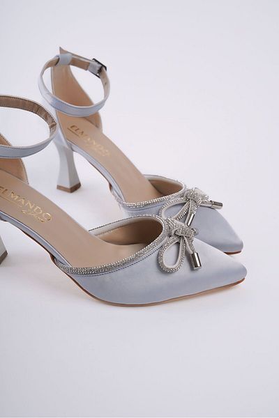 ELMANDO Women's Jewelled Bow Heeled Shoes Silver Satin