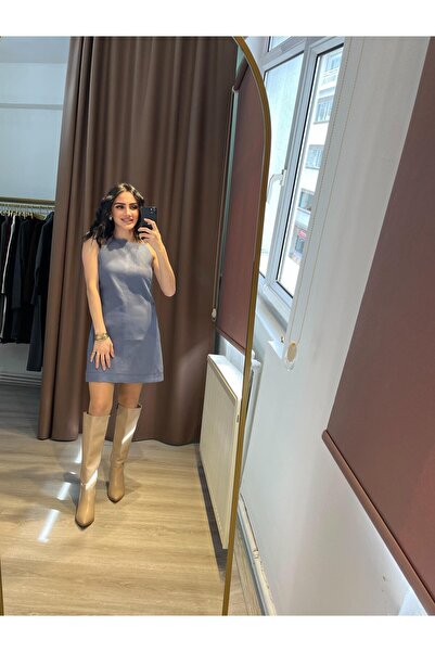 MODA Halter Yaka Keten Mavi Elbise