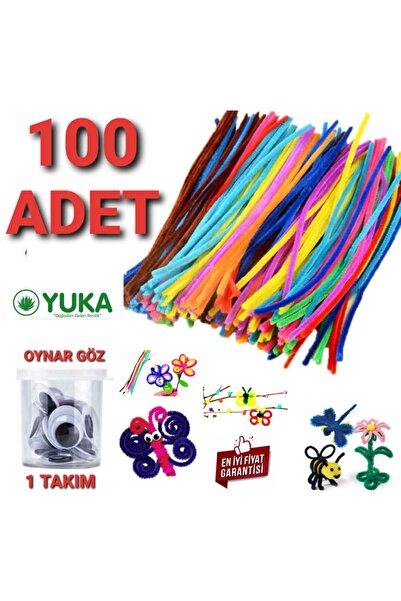 Yuka 100 ADET DÜZ Şönil Renkli 30 Cm 100 LÜ Paket Tüylü Tel + OYNAR GÖZ 1 TAKIM