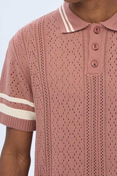 İLKCET MODA Ανδρικό πλεκτό μπλουζάκι Premium Oversize με ρίγα μανίκι γιακά