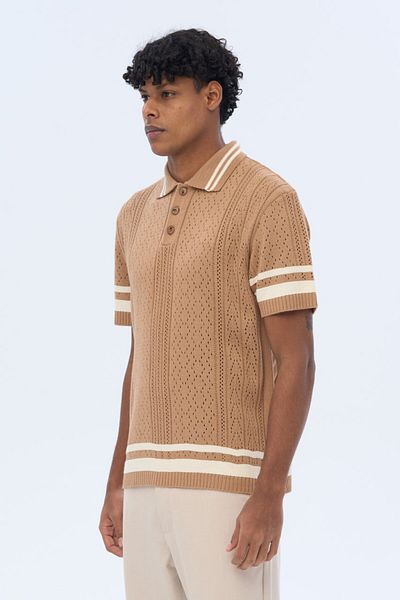 İLKCET MODA Ανδρικό πλεκτό μπλουζάκι Premium Oversize με ρίγα μανίκι γιακά