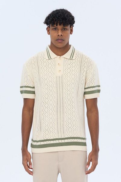 İLKCET MODA Premium Oversize Men's Knitwear Tshirt with Collar Sleeve Stripe