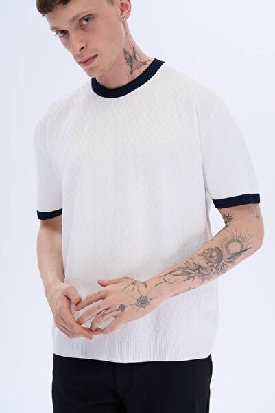 İLKCET MODA Футболка з візерунковим коміром, білими рукавами та ребристою обробкою, оверсайз