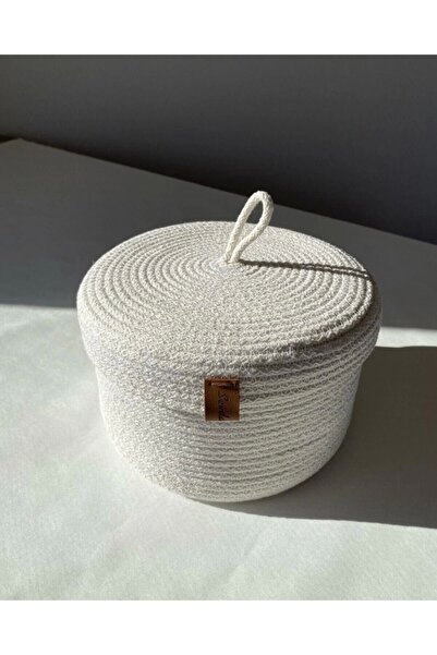 Sevdam Sepet White Medium Size Multi-Purpose Basket with Lid, Cotton Basket, Decorative Basket, Wicker Basket, Cotton Rope