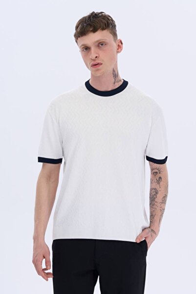 İLKCET MODA Футболка з візерунковим коміром, білими рукавами та ребристою обробкою, оверсайз