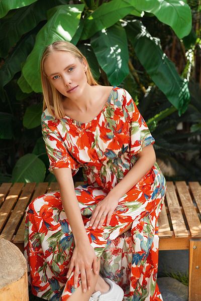 Aydoğan Lodos Store Aydoğan Women V-Neck Short Sleeve Floral Patterned Gipeli Long Dress Coral Color