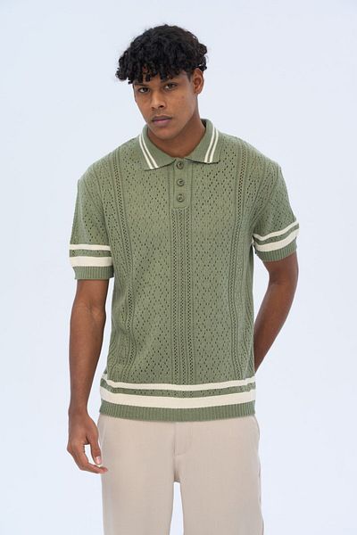 İLKCET MODA Ανδρικό πλεκτό μπλουζάκι Premium Oversize με ρίγα μανίκι γιακά