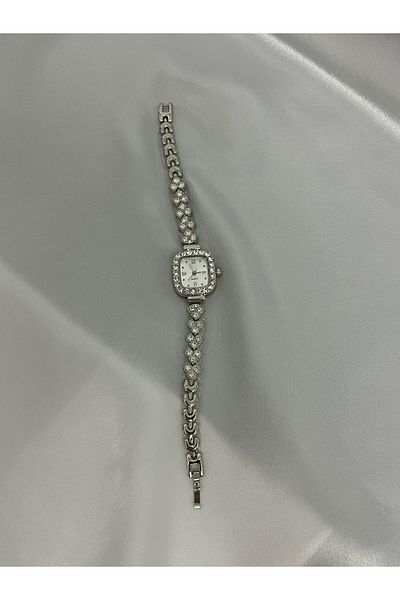 QUARTZ Stylish Silver Color Square Dial Women's Stylish Watch with Stones
