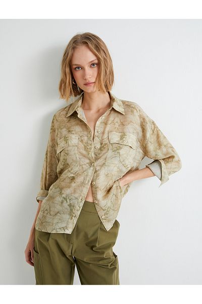 Koton Oversize Shirt Long Sleeve Pocket Detailed Classic Collar Abstract Pattern