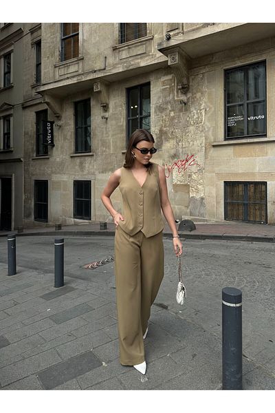 VOLT CLOTHİNG بدلة سترة نسائية بشريط من القماش المزدوج وزر ذهبي