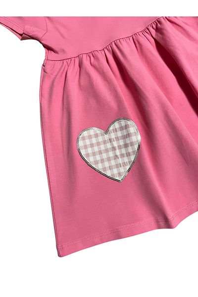 Fil Kids Girl's Pink Color Dress with Plaid Heart Embroidery Suitable for Eid and Daily Use