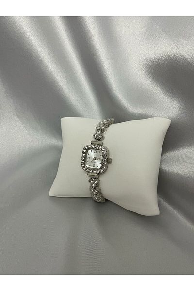 QUARTZ Stylish Silver Color Square Dial Women's Stylish Watch with Stones