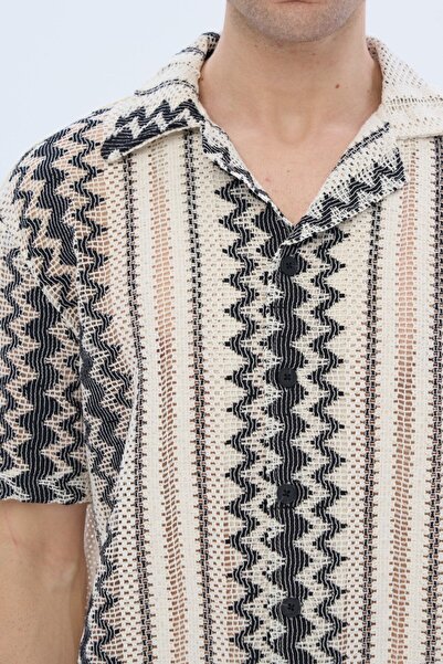 İLKCET MODA Etnik Desenli Oversize Örme Gömlek
