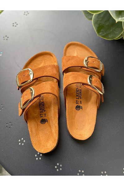 Land of Cork Anatomical Natural Cork Sole Large Buckle Genuine Leather Slippers