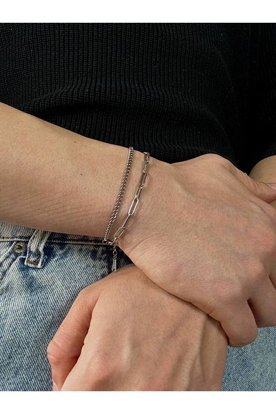 Arvens Silver Men's Double Bracelet Women's Stainless Steel Colorfast Unisex Tarnish-Free Steel Bracelet
