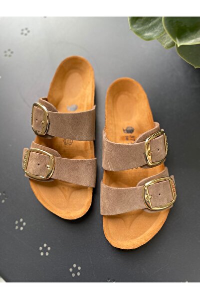 Land of Cork Anatomical Natural Cork Sole Large Buckle Genuine Suede Leather Slippers