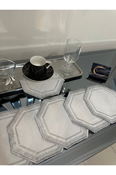 ARS HOME DEKOR منديل كوكتيل، منديل منديل سلسلة خاصة سداسية مع تطريز فضي، منديل تقديم مكون من 6 قطع