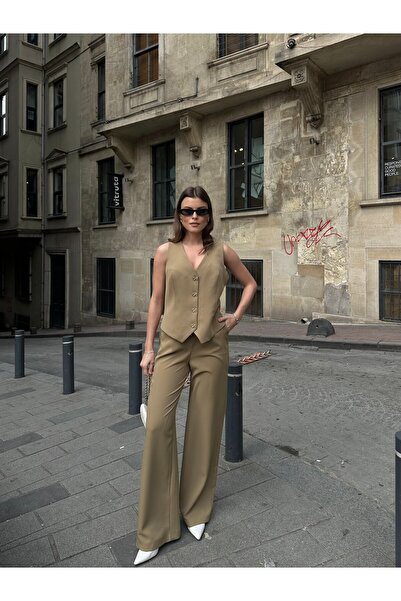 VOLT CLOTHİNG Women's Double Fabric Ribbon Gold Button Detailed Vest Suit