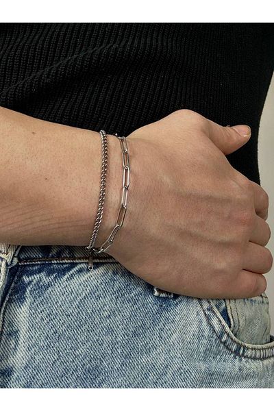 Arvens Silver Men's Double Bracelet Women's Stainless Steel Colorfast Unisex Tarnish-Free Steel Bracelet
