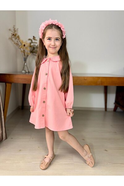 Bisahane Kız Çocuk Gabardin Düğmeli Elbise