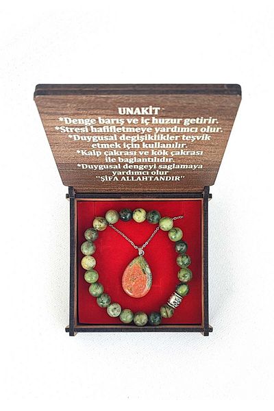 BaharEli Natural Unakite Stone Necklace and Bracelet Set in Special Box