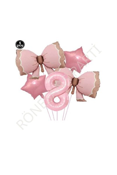 RÖNESANS PARTİ Renaissance Pink Color Bow Numeral Star Foil Balloon Set Age 8