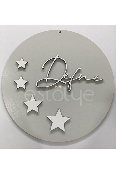 estölye Ahşap Bebek Kapı Süsü İsme Özel Yıldızlı Model Gri G2E2E1OF193