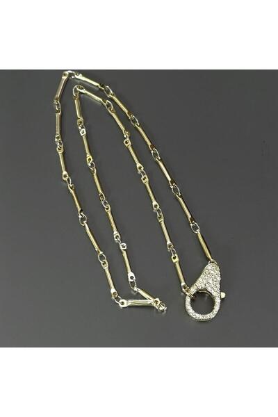 neslyaccessories 14K Gold Zirkon Taşlı Büyük Papağan Kapamalı Çubuk Kolye