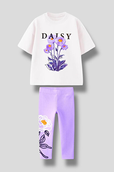 Magu Set cu tricou și colanți pentru dezvoltare cu margarete 3D pentru fete, set de 2 piese din bumbac și confortabil