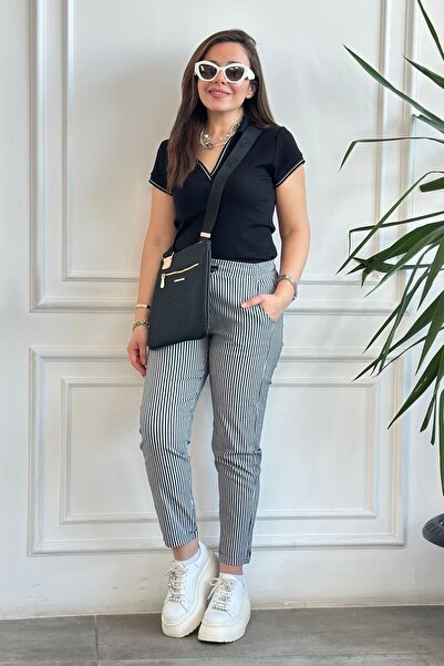 yb yağmur butik Double Leg Striped Trousers with Elastic Waist