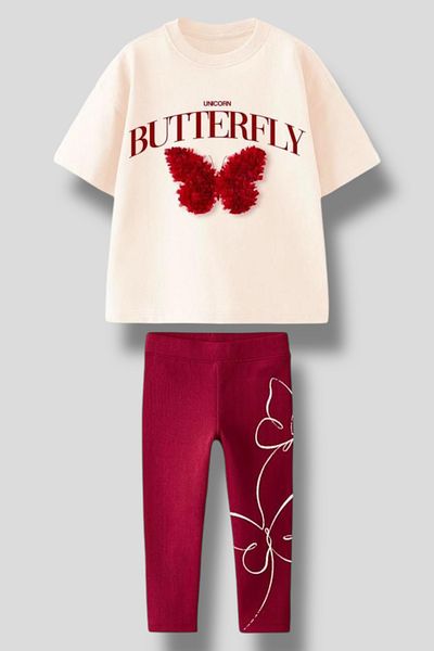Magu Girls 3D Butterfly Detail T-Shirt and Floral Print Leggings Set – 2-Piece Set, Cotton and Comfortable