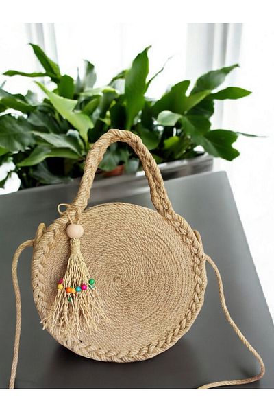 COLLESSİA Geantă rotundă Meis pentru femei din funie de paie de iută (25 cm)