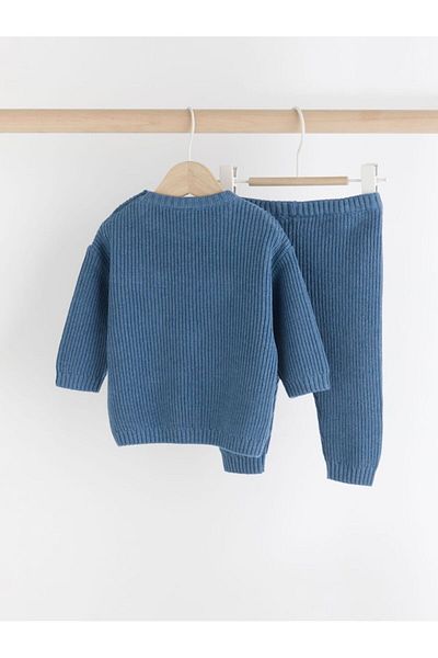 Next Baby 100% Cotton Blue Teddy Bear Premium Knitwear Bottom Top Set