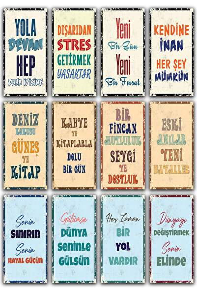 Hayal Poster 12li Duvar Yazıları Retro Ahşap Poster 10x20 Set