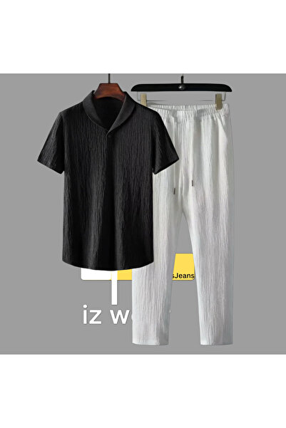 GBRO New Season Wrinkled Crinkle Fabric Summer Lycra Tshirt-Sweatpants Set