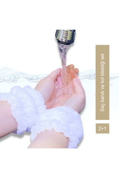 MEŞELİ TEKSTİL Beyaz Ekstra Soft Banyo Spa Seti 1 Adet Elastik Saç Bandanası 2 Adet Yıkama Bilekliği Pamuklu